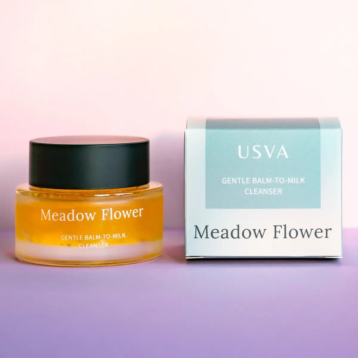 4. Usva Cosmetics Meadow Flower Gentle Balm-to-Milk Cleanser with box, displayed on a pastel background