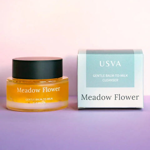 4. Usva Cosmetics Meadow Flower Gentle Balm-to-Milk Cleanser with box, displayed on a pastel background