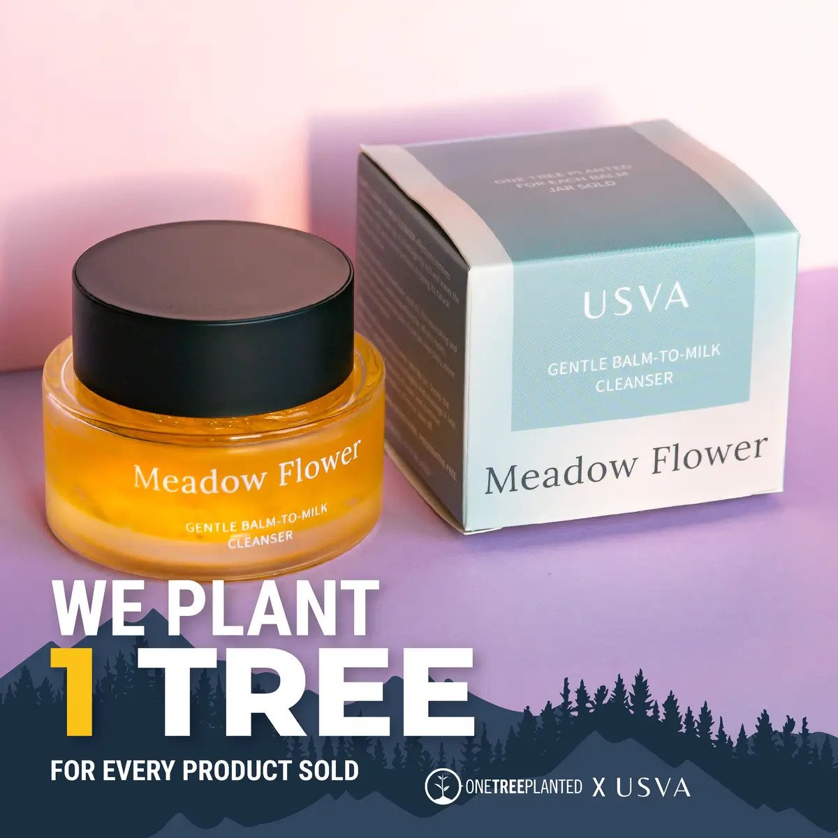 2. Usva Cosmetics Meadow Flower Gentle Balm-to-Milk Cleanser with packaging, promoting tree planting initiative