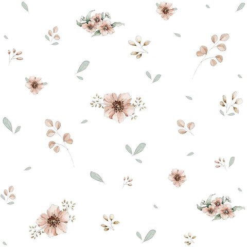 2. Dekornik's Flowers Minimini Wallpaper with delicate pink and green floral patterns on a snow-white matte background
