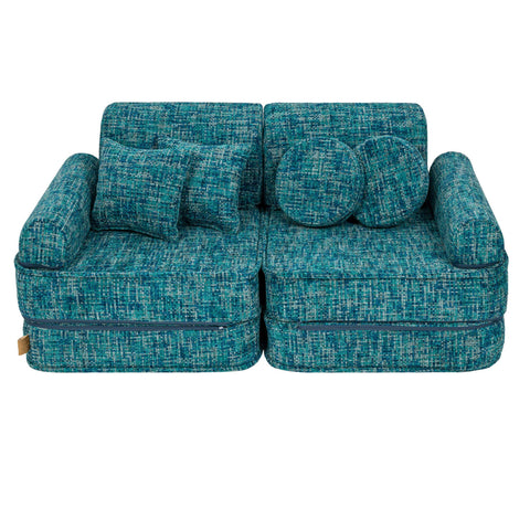 1. Medium modular sofa for kids in tangle lagoon blue with multiple cushions, shown in a studio setting