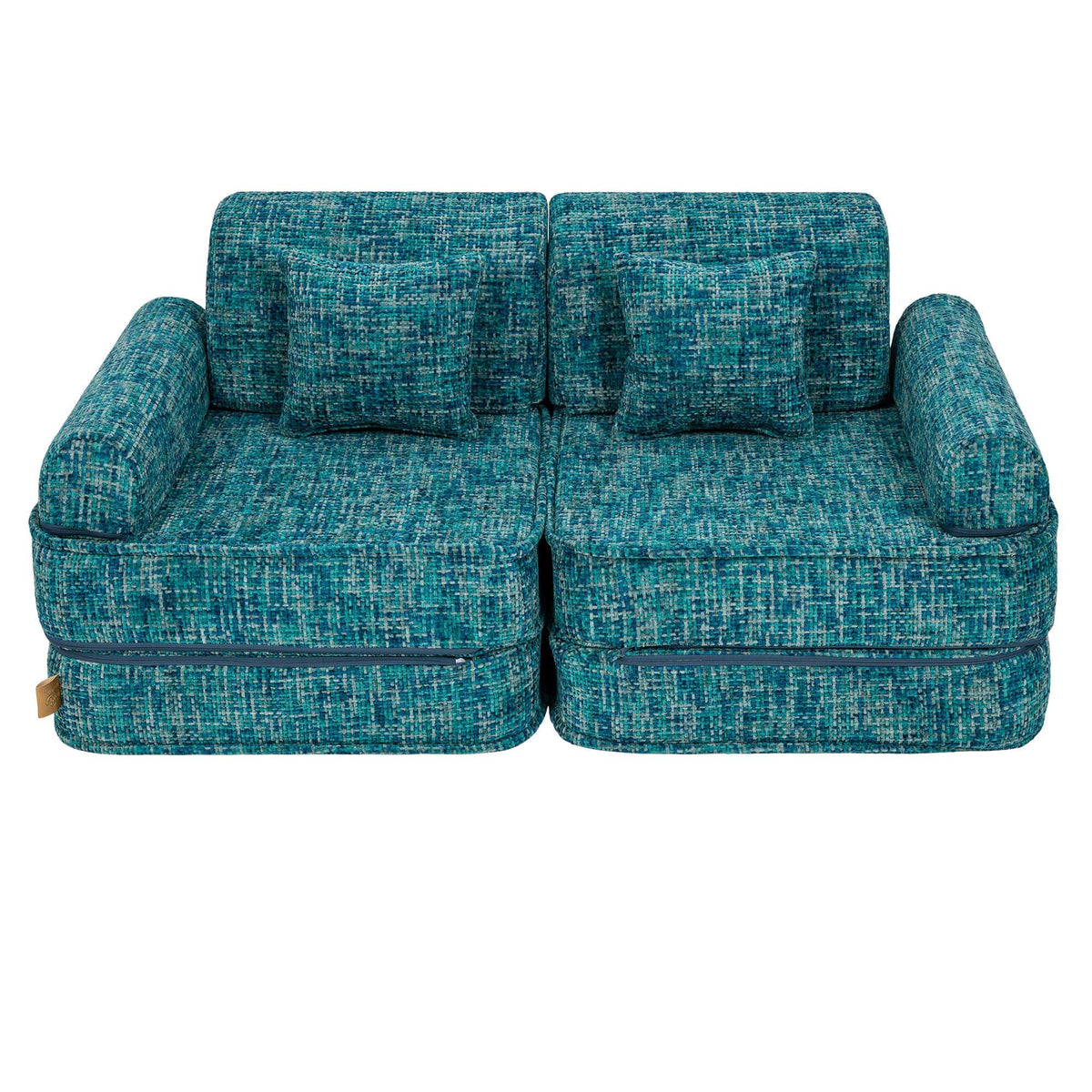 2. Medium modular sofa for kids in tangle lagoon blue with two square cushions, shown in a studio