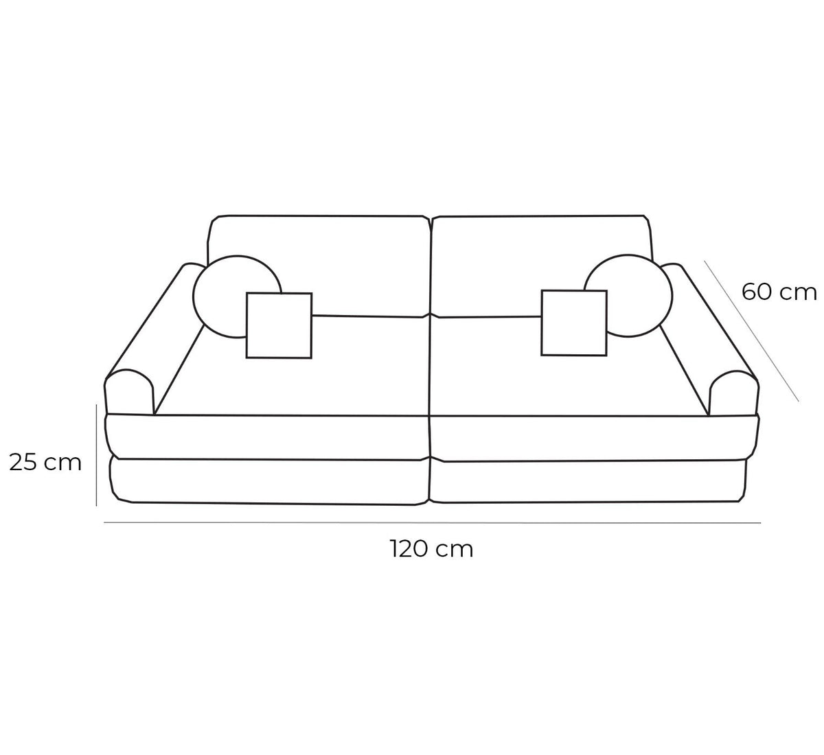 6. Size chart for medium modular sofa for kids showing dimensions in centimeters