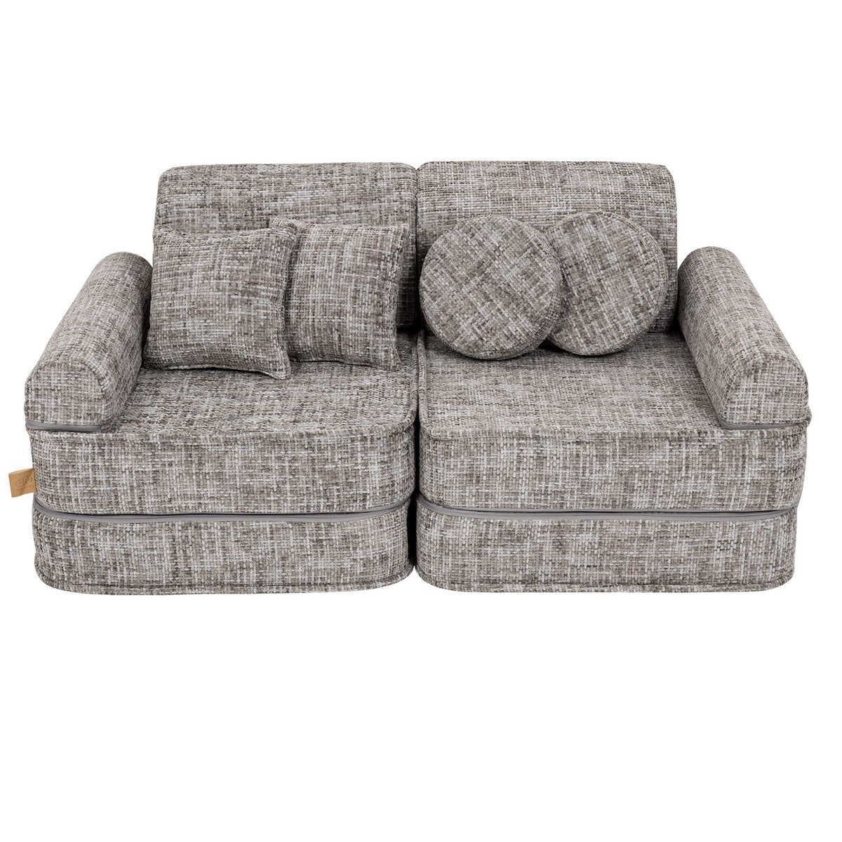 1. Medium modular sofa for kids in tangle moon grey with two round and two square cushions, shown in a studio setting