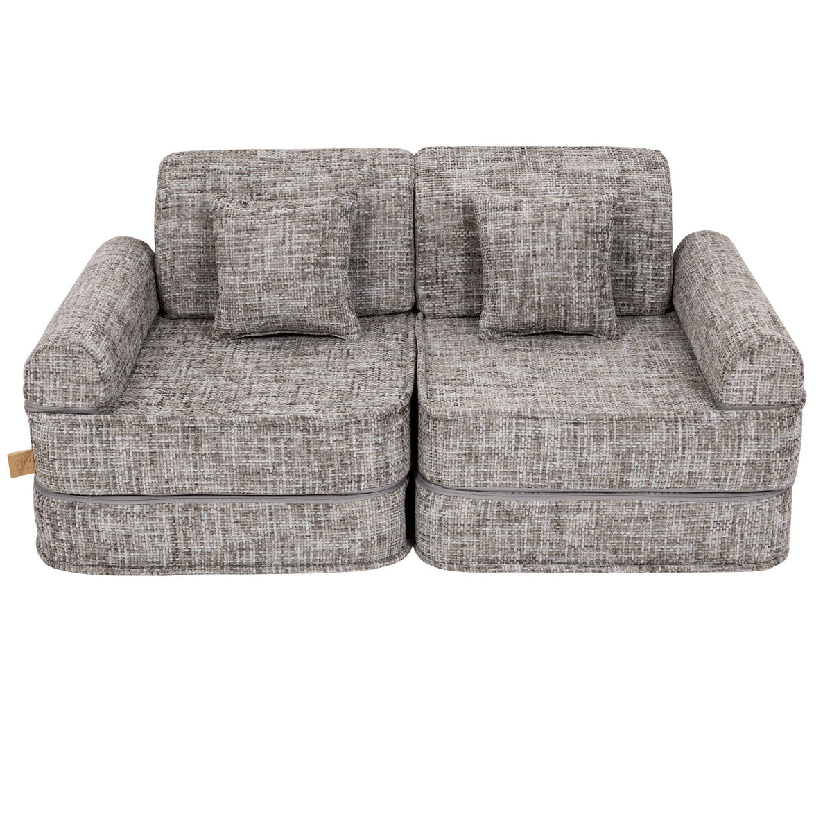 7. Medium modular sofa for kids in tangle moon grey with two square cushions, shown in a studio setting