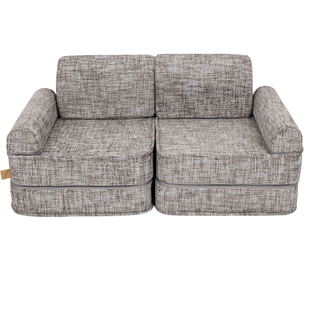 5. Medium modular sofa for kids in tangle moon grey with two square cushions, shown in a studio setting