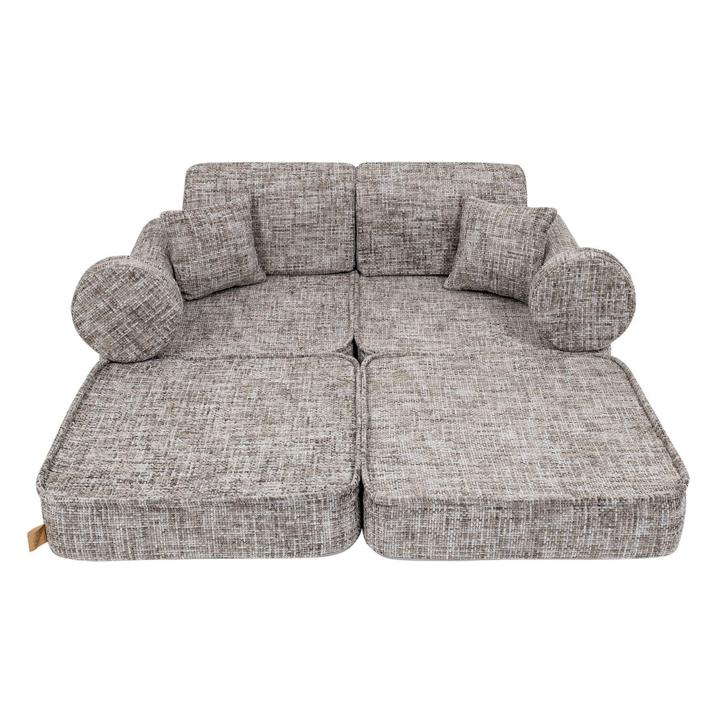 2. Medium modular sofa for kids in tangle moon grey, fully extended with cushions, shown in a studio setting