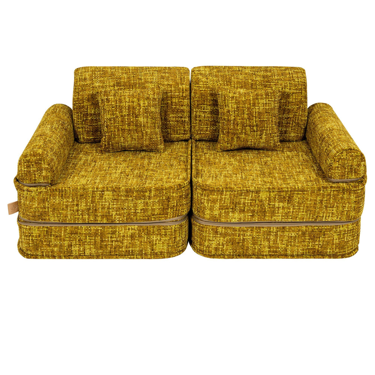 4. Kids' modular sofa in honey mustard with two square cushions, displayed in a studio setting.
