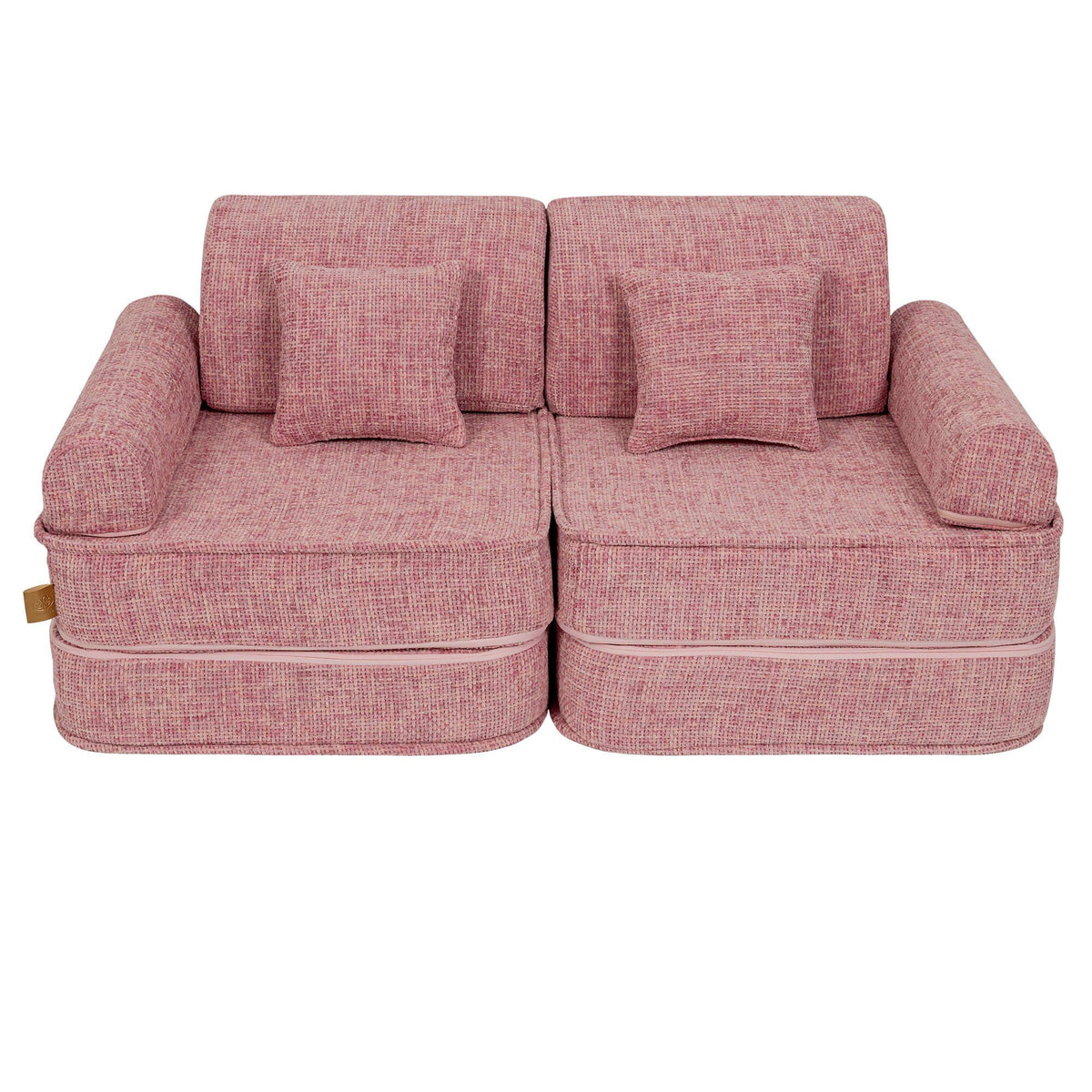 5. Medium modular sofa for kids in bubblegum pink with two square cushions, shown in a compact arrangement