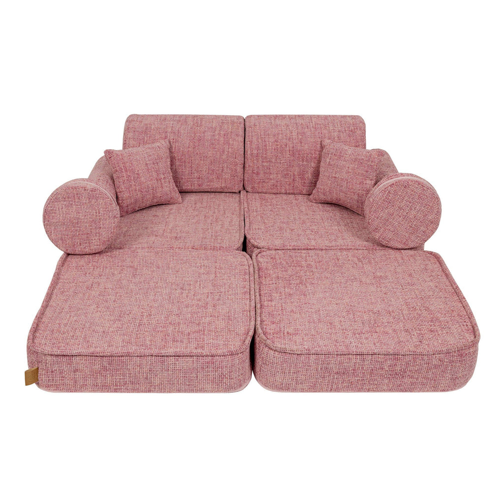 4. Medium modular sofa for kids in bubblegum pink, fully extended with two round and two square cushions
