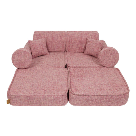 4. Medium modular sofa for kids in bubblegum pink, fully extended with two round and two square cushions