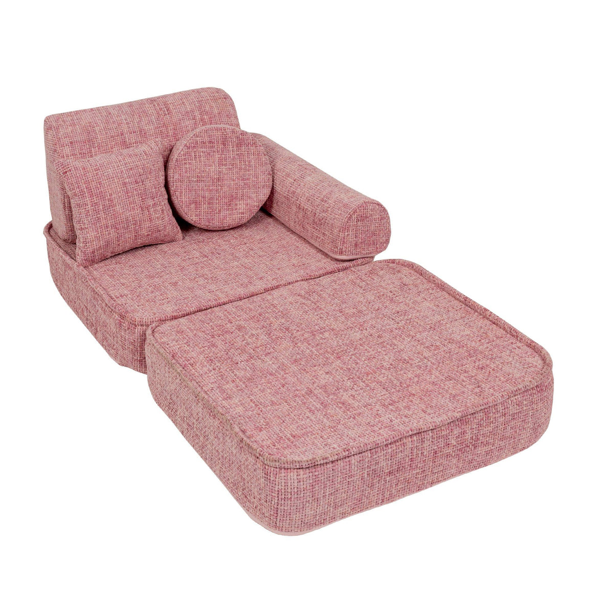 2. Medium modular sofa for kids in bubblegum pink with one round and one square cushion, arranged as a lounger