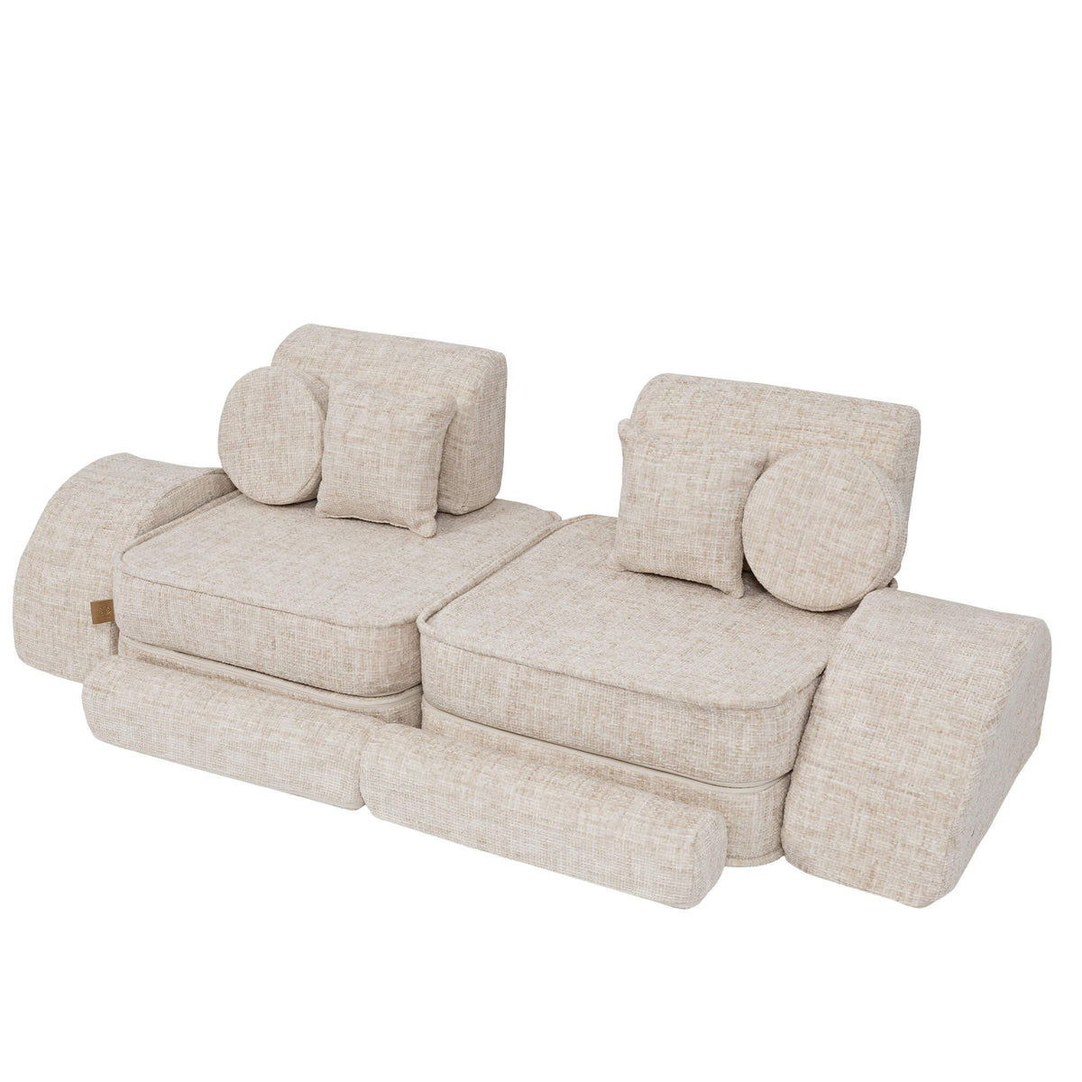 2. Beige modular children's sofa with cylindrical cushions, arranged in a linear setup, on a white background