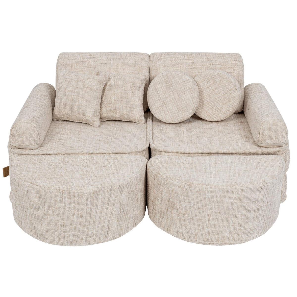 1. Beige modular children's sofa with round and square cushions, arranged in a compact setup on a white background