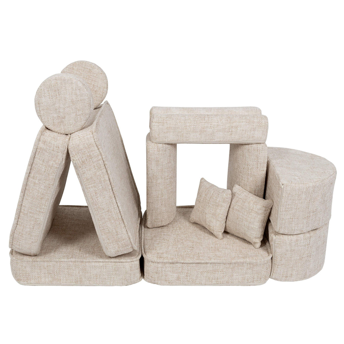 4. Beige modular children's sofa pieces arranged creatively to form a play structure, on a white background