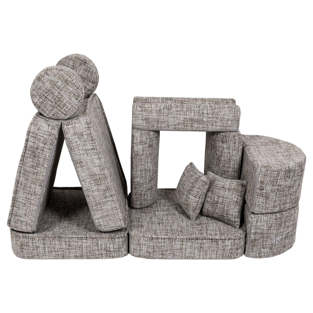 6. Grey modular children's sofa arranged in a creative structure resembling a playhouse on a white background
