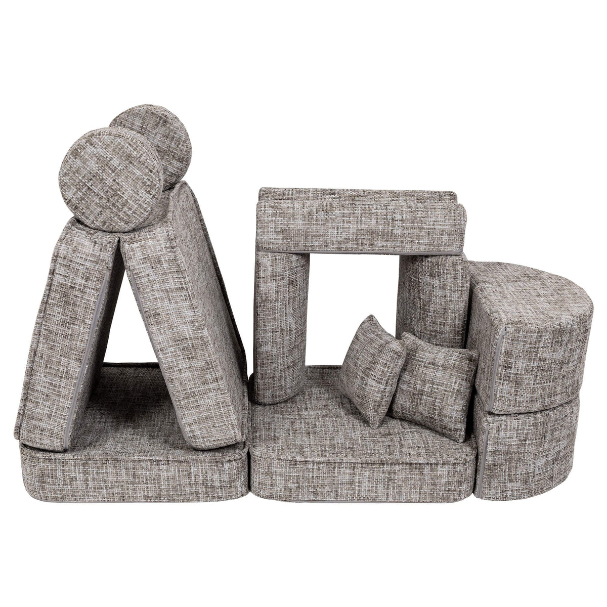 6. Grey modular children's sofa arranged in a creative structure resembling a playhouse on a white background