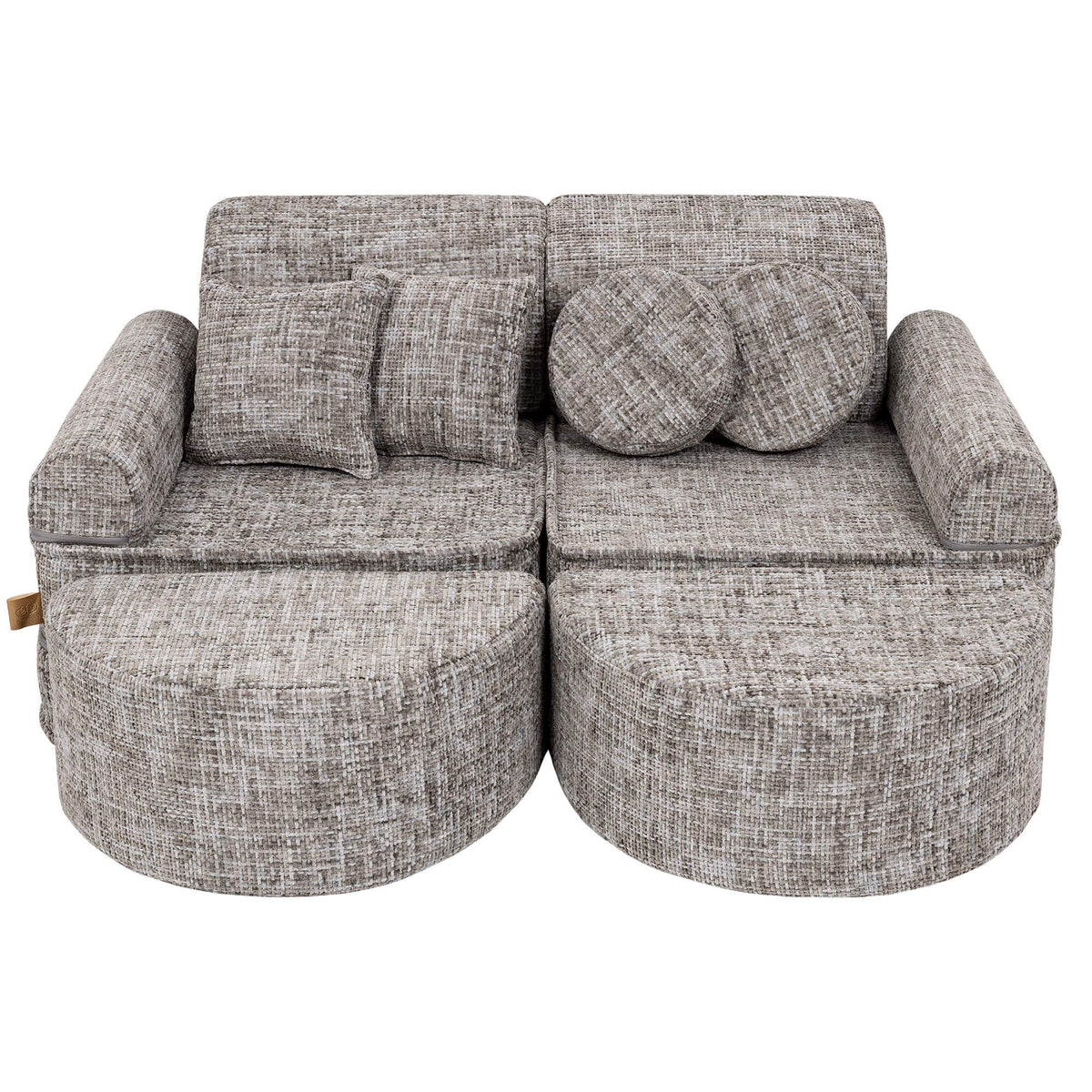1. Grey modular children's sofa with round and square cushions arranged in a compact setup on a white background