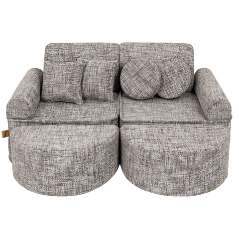 1. Grey modular children's sofa with round and square cushions arranged in a compact setup on a white background