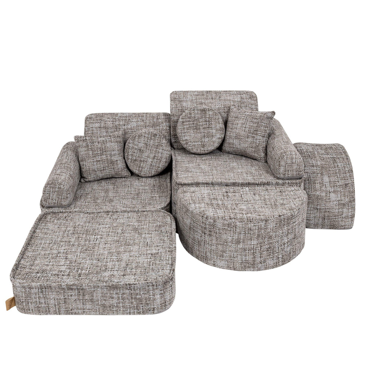 4. Grey modular children's sofa with cushions and armrests in a versatile arrangement on a white background