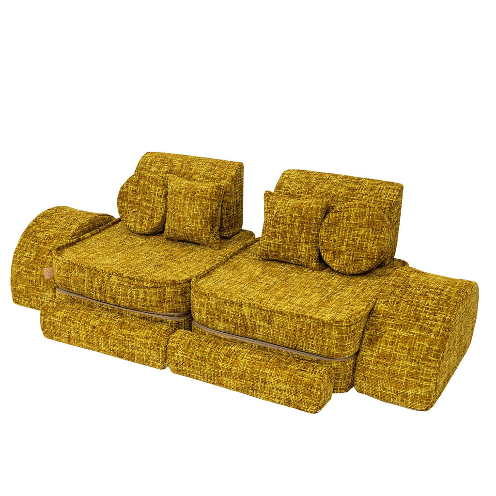 5. Honey mustard modular sofa for kids with cushions arranged in a layered structure, highlighting modularity