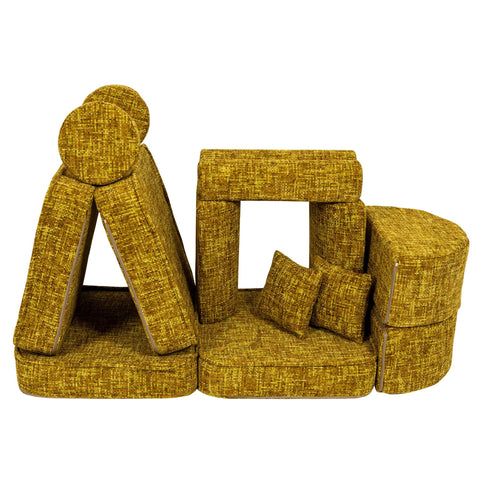2. Honey mustard modular sofa for kids arranged in a creative structure with cushions forming a tunnel and seating area