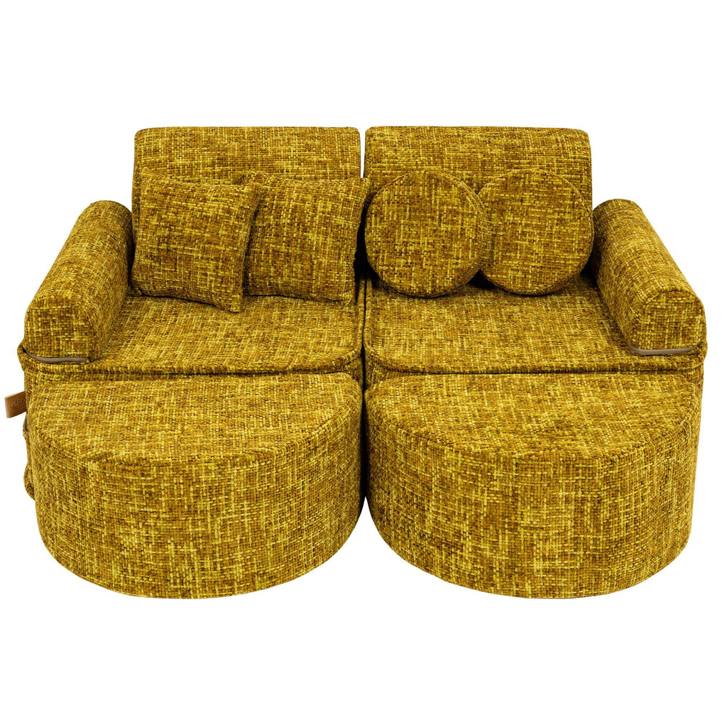 1. Medium modular sofa for kids in honey mustard color with circular and square cushions, shown in a compact arrangement on a white background