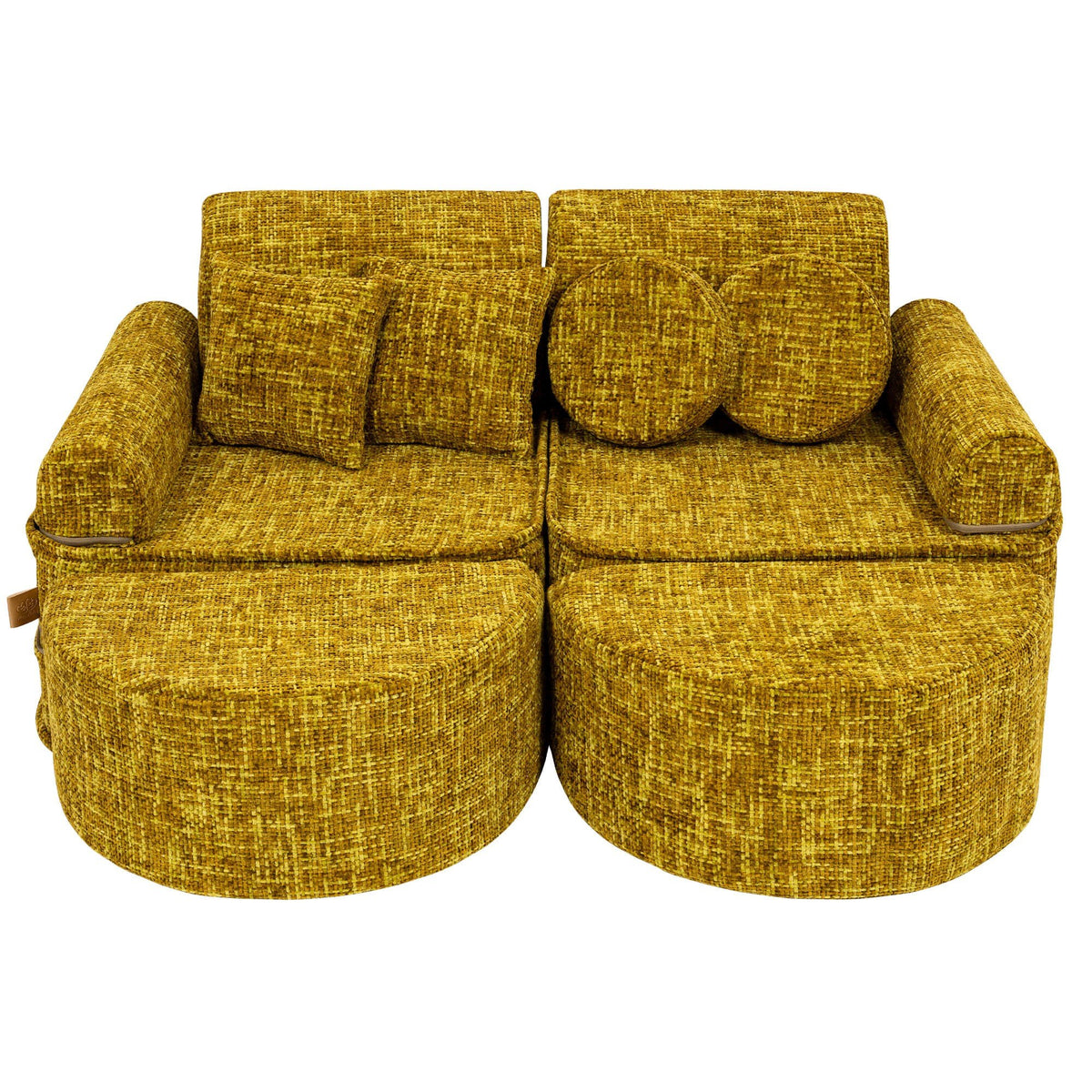 1. Medium modular sofa for kids in honey mustard color with circular and square cushions, shown in a compact arrangement on a white background