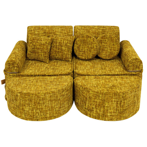 1. Medium modular sofa for kids in honey mustard color with circular and square cushions, shown in a compact arrangement on a white background