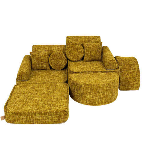 3. Honey mustard modular sofa for kids with extended seating and circular cushions, showcasing versatility