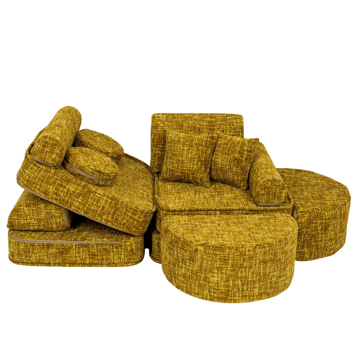 6. Honey mustard modular sofa for kids with cushions stacked and arranged in a dynamic layout