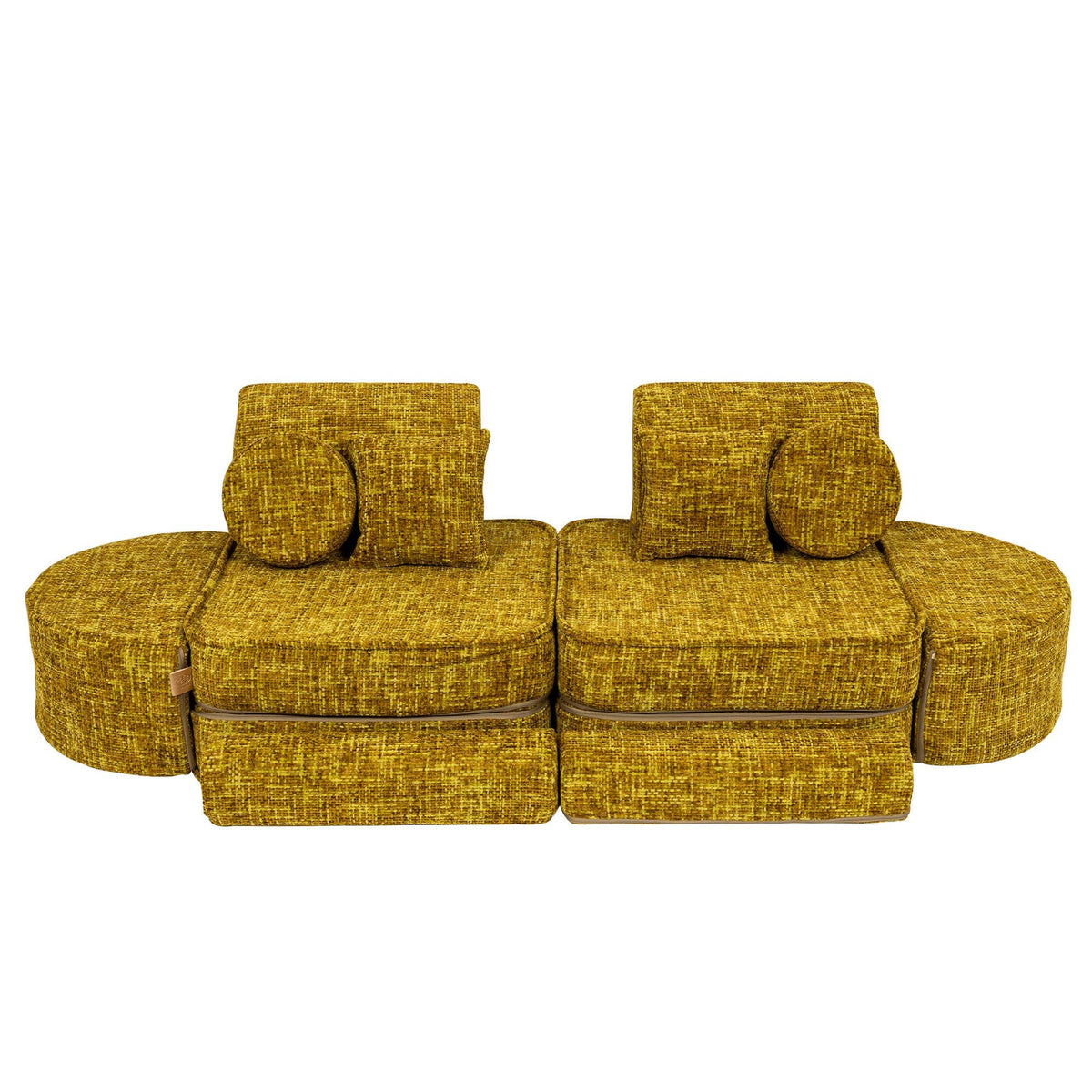 4. Honey mustard modular sofa for kids with symmetrical seating and circular cushions on each side