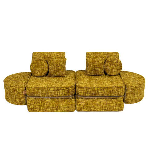 4. Honey mustard modular sofa for kids with symmetrical seating and circular cushions on each side
