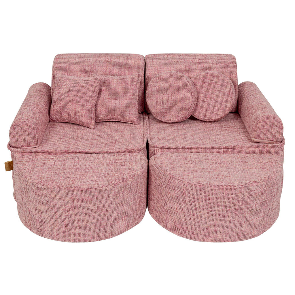 1. Pink modular children's sofa with round and square cushions, shown in a compact arrangement on a white background