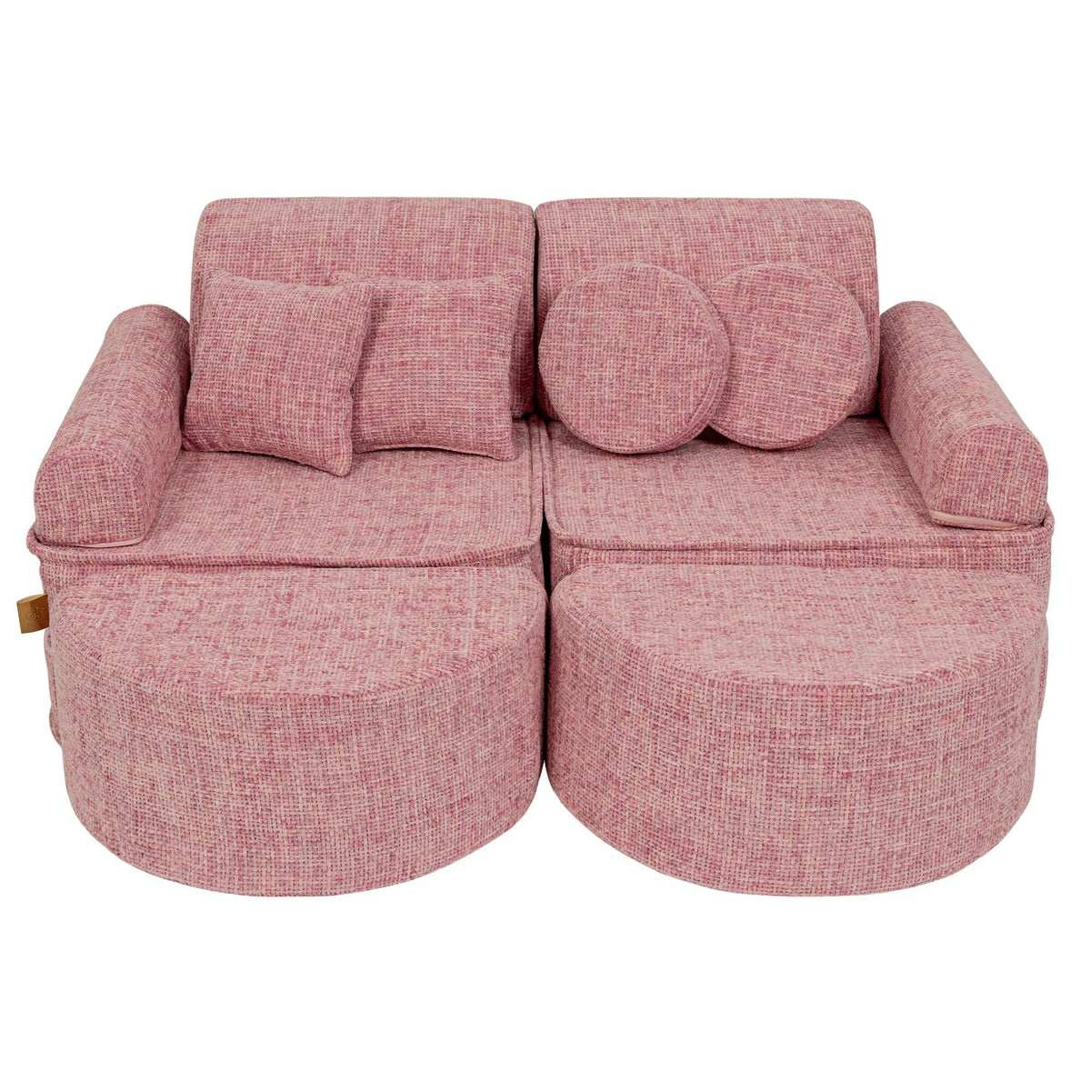 1. Pink modular children's sofa with round and square cushions, shown in a compact arrangement on a white background