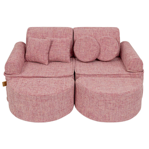 1. Pink modular children's sofa with round and square cushions, shown in a compact arrangement on a white background