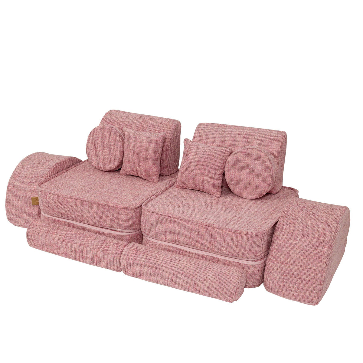 7. Pink modular children's sofa with cushions, shown in a layered arrangement on a white background