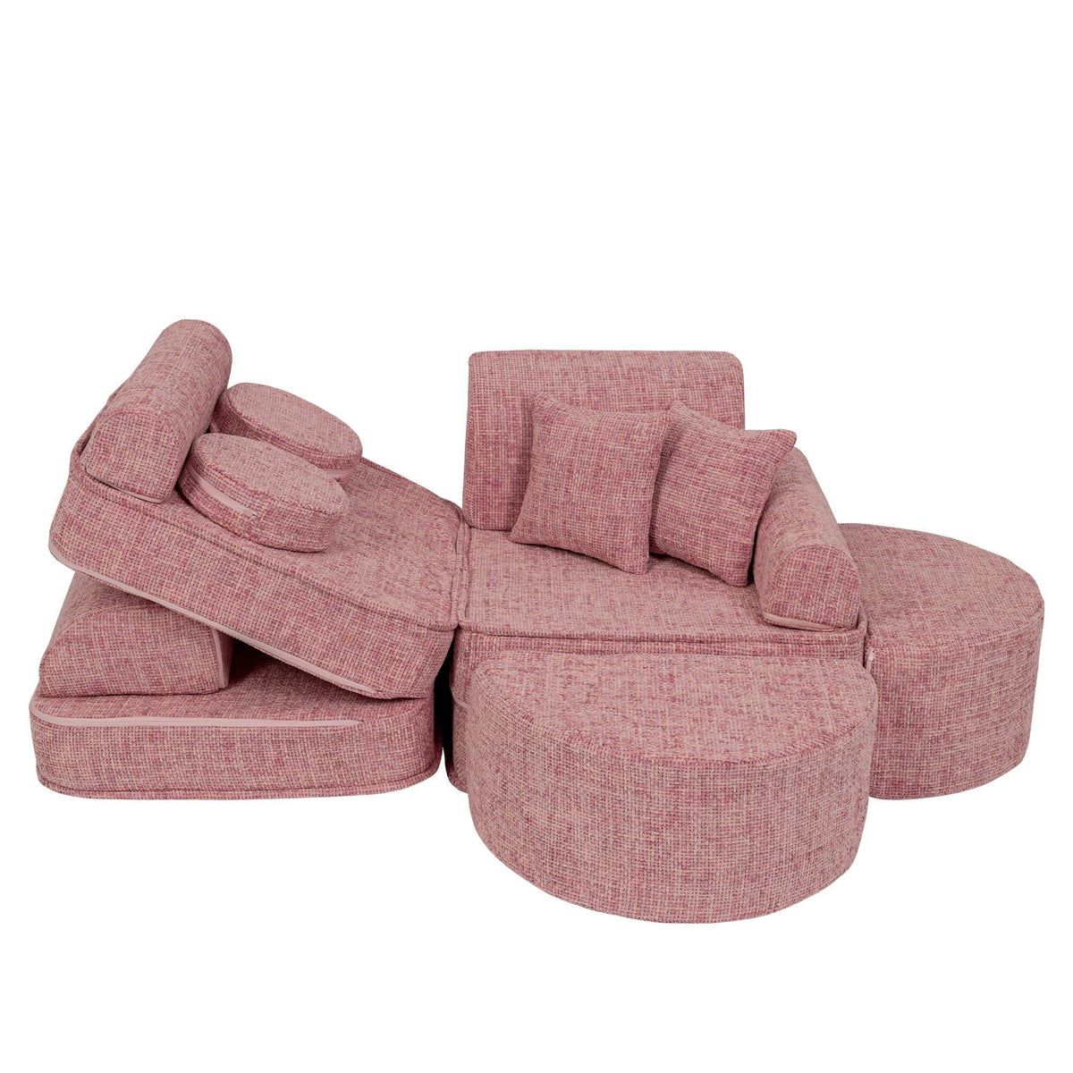 2. Pink modular children's sofa with cushions, displayed in a partially reclined position on a white background