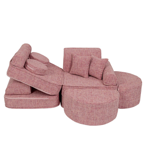 2. Pink modular children's sofa with cushions, displayed in a partially reclined position on a white background