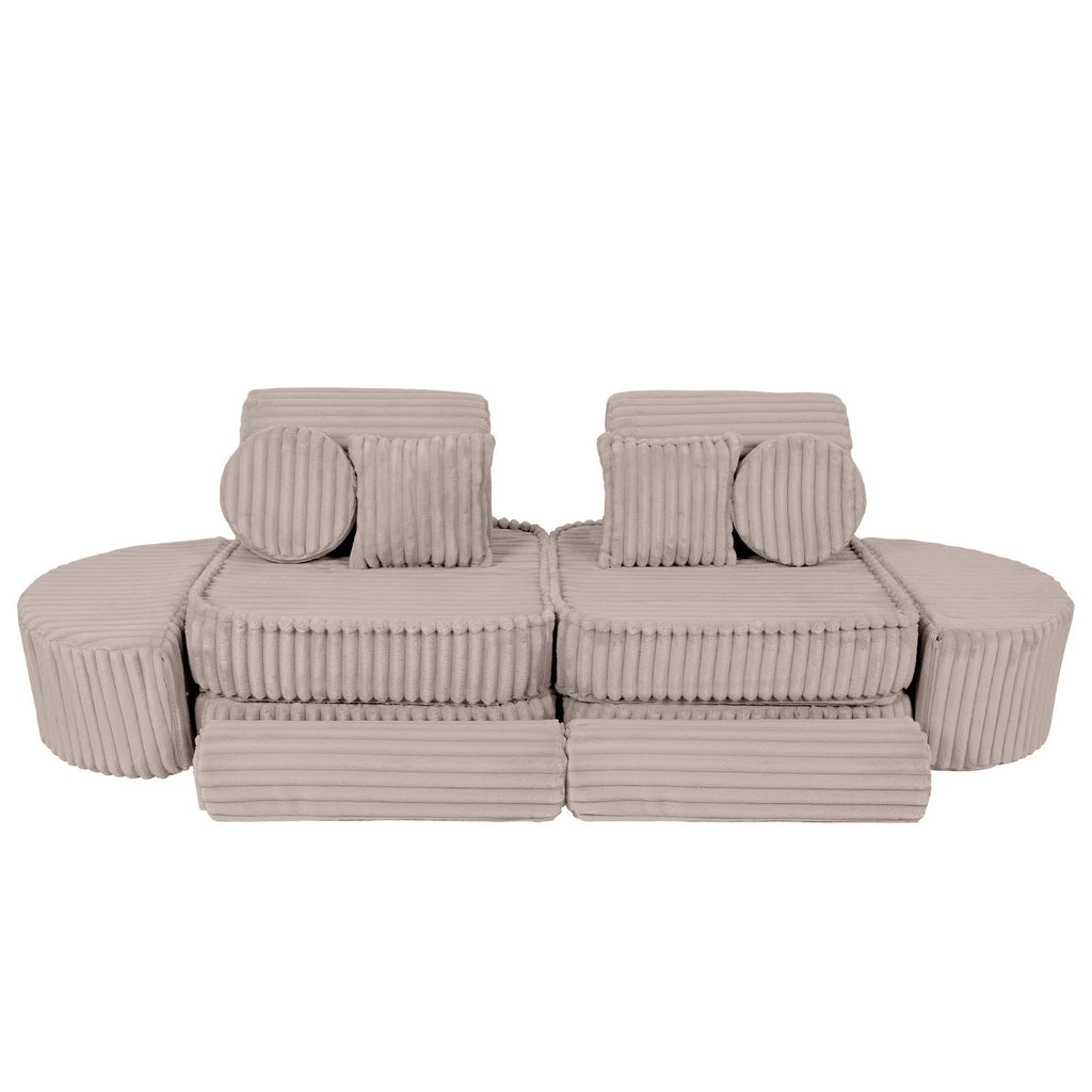 8. Beige modular kids sofa with ribbed corduroy texture, featuring round cushions and a compact design
