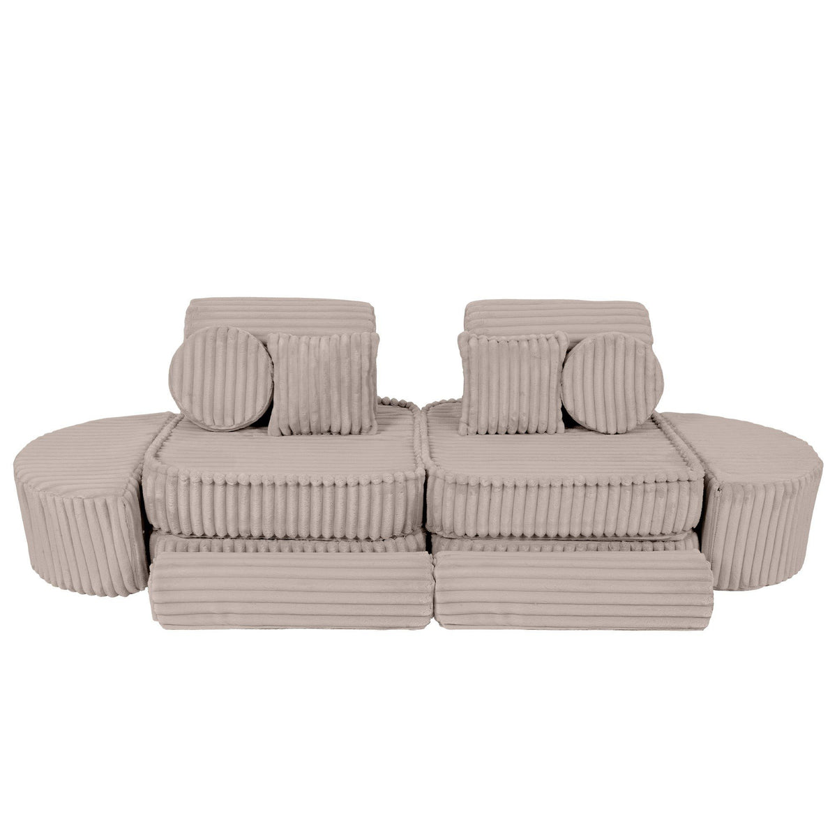 8. Beige modular kids sofa with ribbed corduroy texture, featuring round cushions and a compact design
