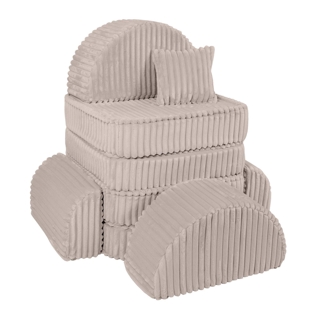 2. Beige modular kids sofa stacked in a vertical arrangement with ribbed corduroy texture and a square cushion