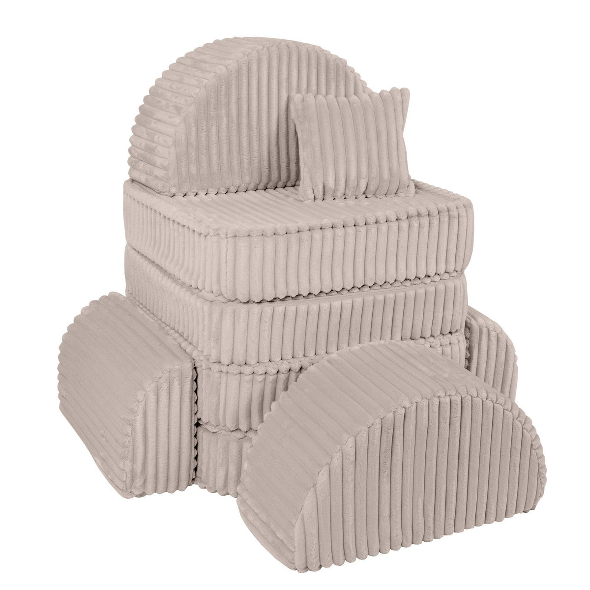 2. Beige modular kids sofa stacked in a vertical arrangement with ribbed corduroy texture and a square cushion