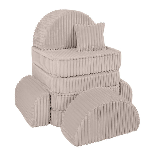 2. Beige modular kids sofa stacked in a vertical arrangement with ribbed corduroy texture and a square cushion