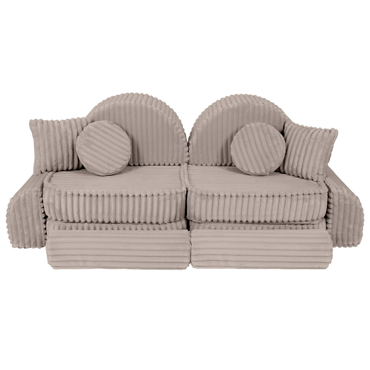 6. Beige modular kids sofa with ribbed corduroy texture, featuring round and square cushions in a compact arrangement