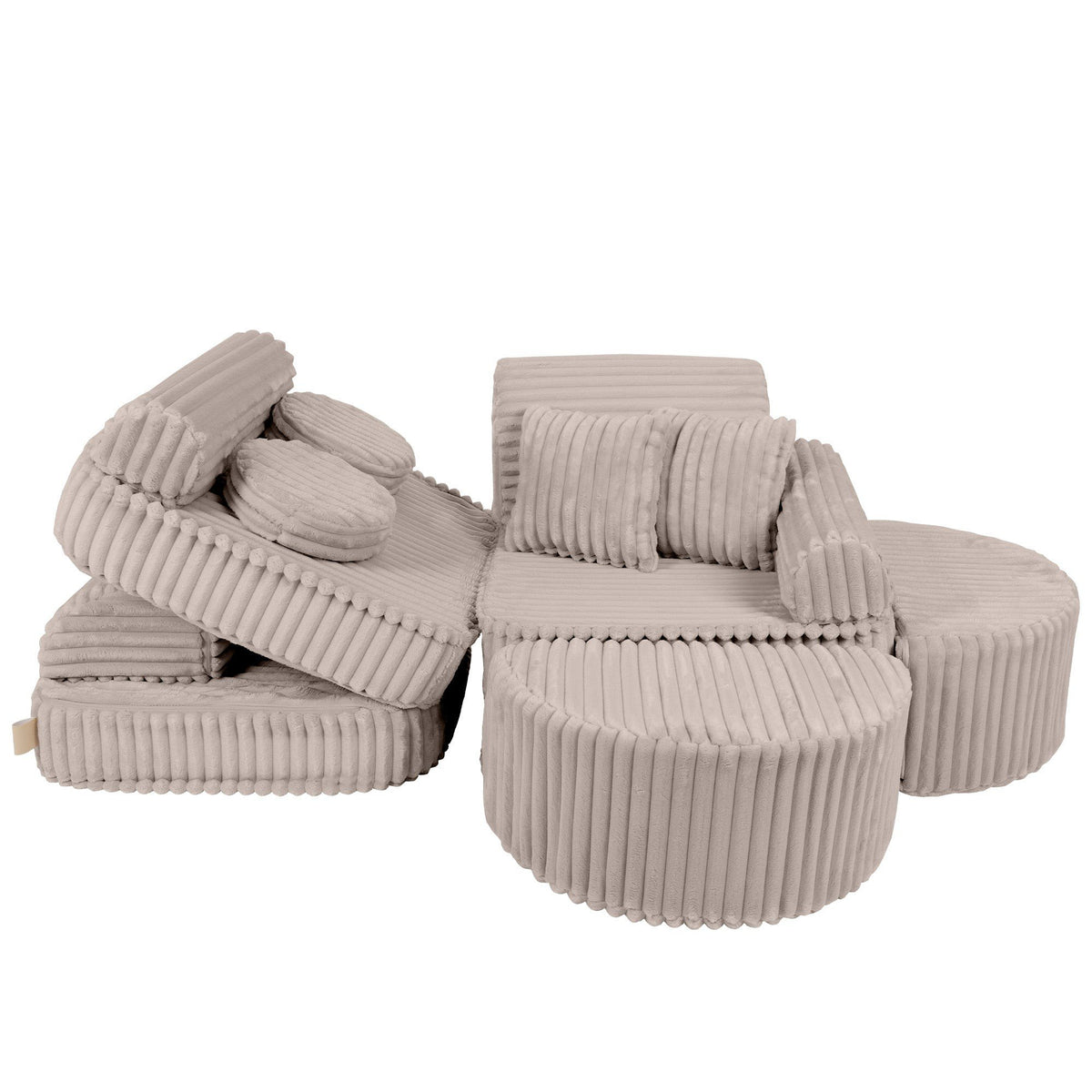 11. Beige modular kids sofa with ribbed corduroy texture, arranged in a playful, dynamic layout with cushions