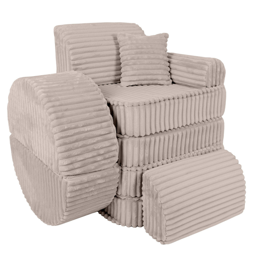 12. Beige modular kids sofa with ribbed corduroy texture, stacked in a compact vertical arrangement with a cushion