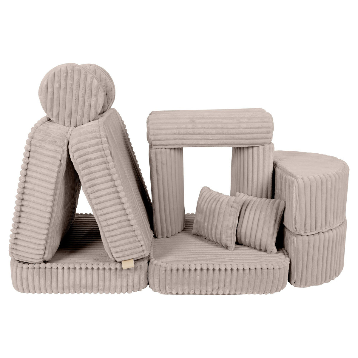 10. Beige modular kids sofa with ribbed corduroy texture, creatively stacked with cushions