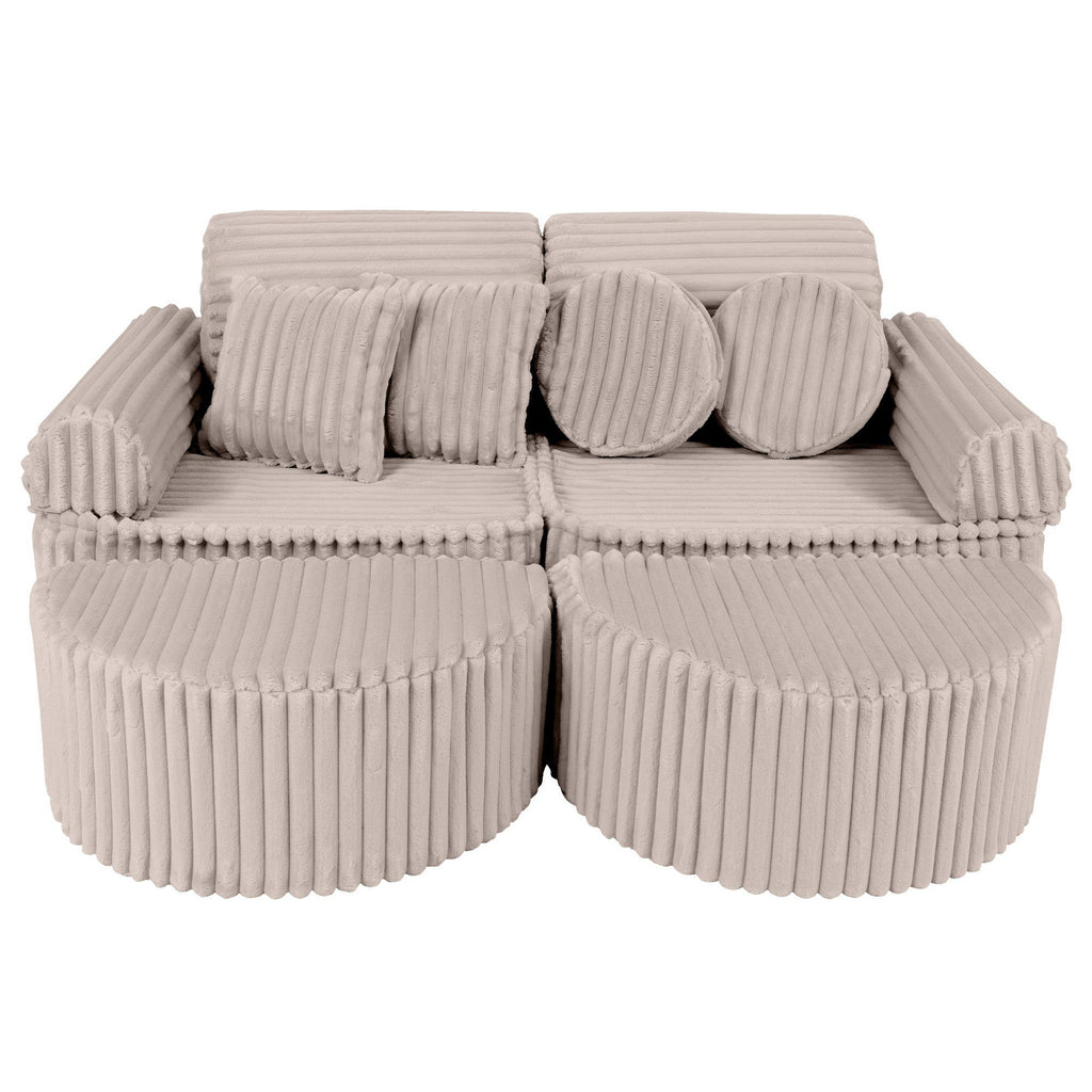1. Beige modular kids sofa with ribbed corduroy texture, arranged in a compact seating layout with round and square cushions