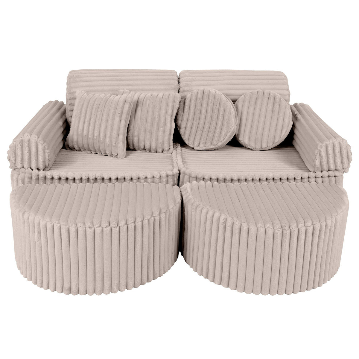 1. Beige modular kids sofa with ribbed corduroy texture, arranged in a compact seating layout with round and square cushions